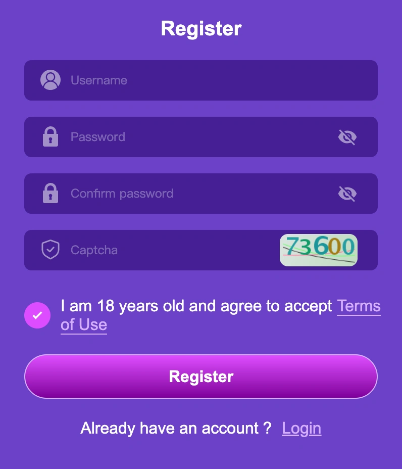 777TERRY register page showing login and app download options